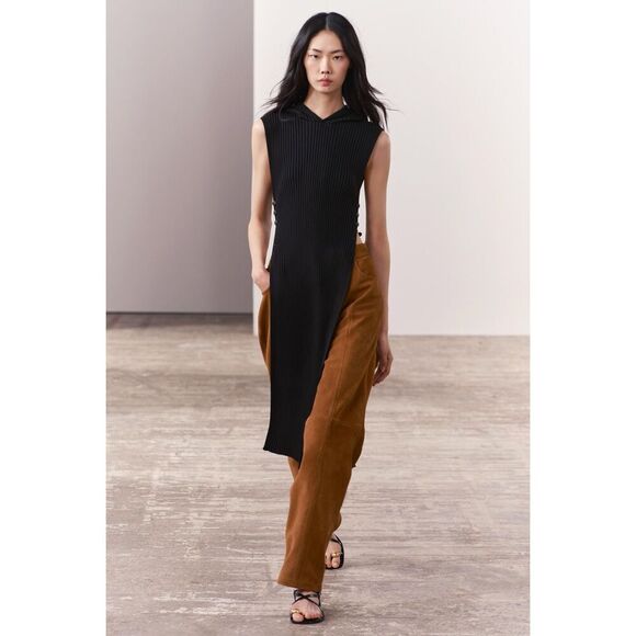 ZARA Hooded Ribbed Knit Tunic Black